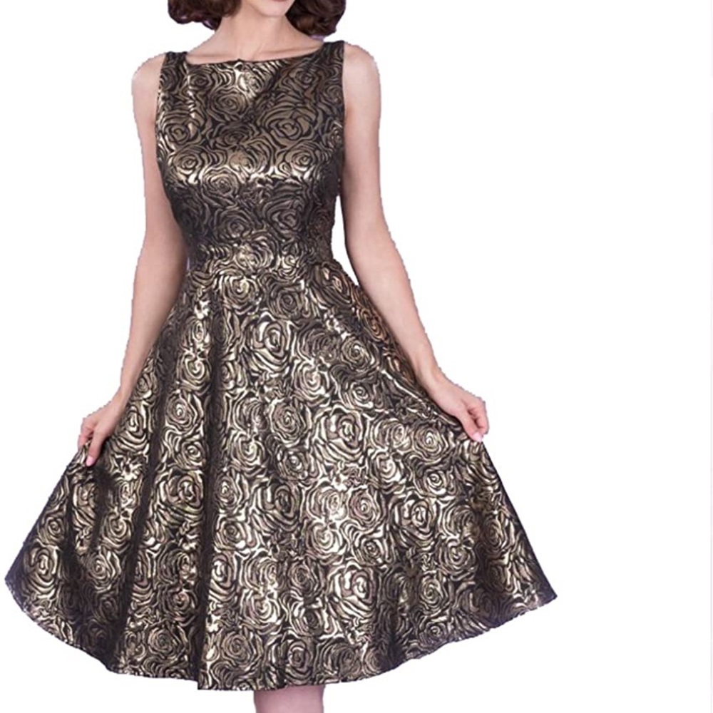 Tatyana Bettie Page black w/ gold rose pinup dress